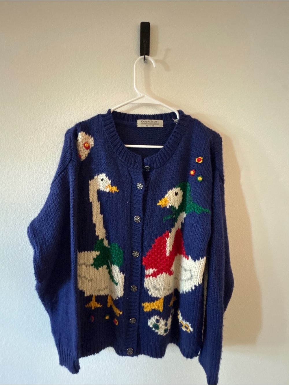 Karen Scott Vintahe Navy Intarsia Goose Cardigan with Red & Green Accents